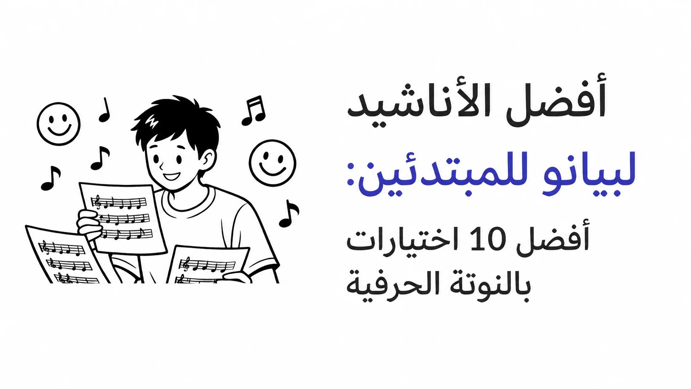 رسوم متحركة بالأبيض والأسود لصبي مبتسم يحمل نوتات بيانو، محاط بنوتات موسيقية عائمة ووجوه مبتسمة، بجانب العنوان: "أفضل أغاني البيانو السهلة للمبتدئين: أفضل 10 اختيارات مع نوتات حرفية"