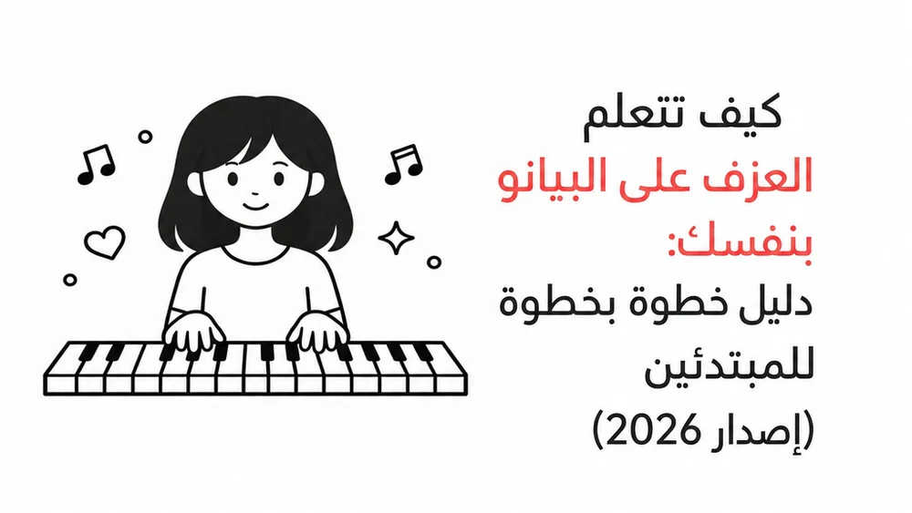 كيف تعلم العزف على البيانو بنفسك: دليل خطوة بخطوة للمبتدئين (إصدار 2026) – رسم كاريكاتوري لفتاة تتعلم العزف على البيانو في المنزل