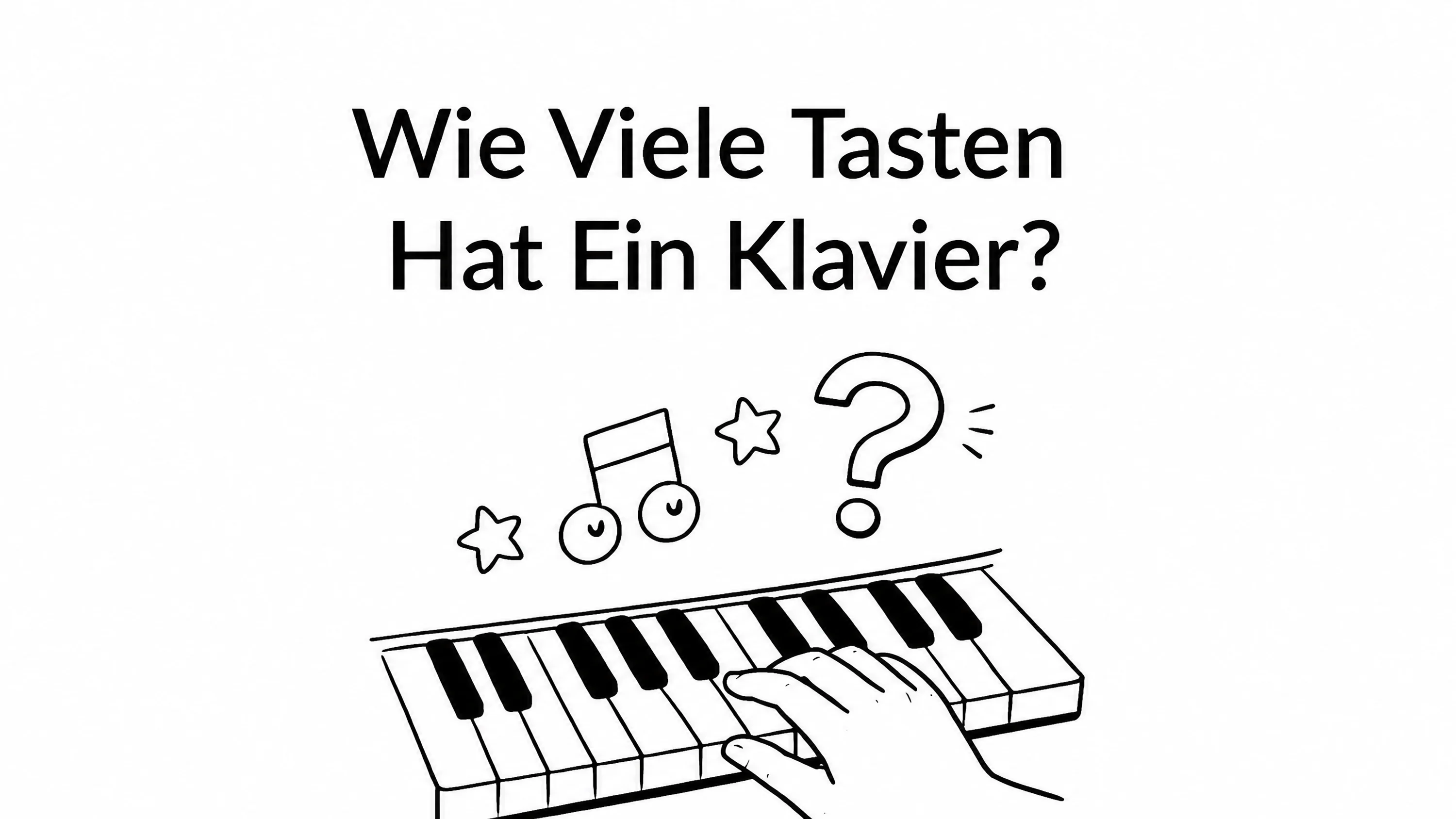 hand auf einer Klaviertastatur mit Text: Wie viele Tasten hat ein Klavier 