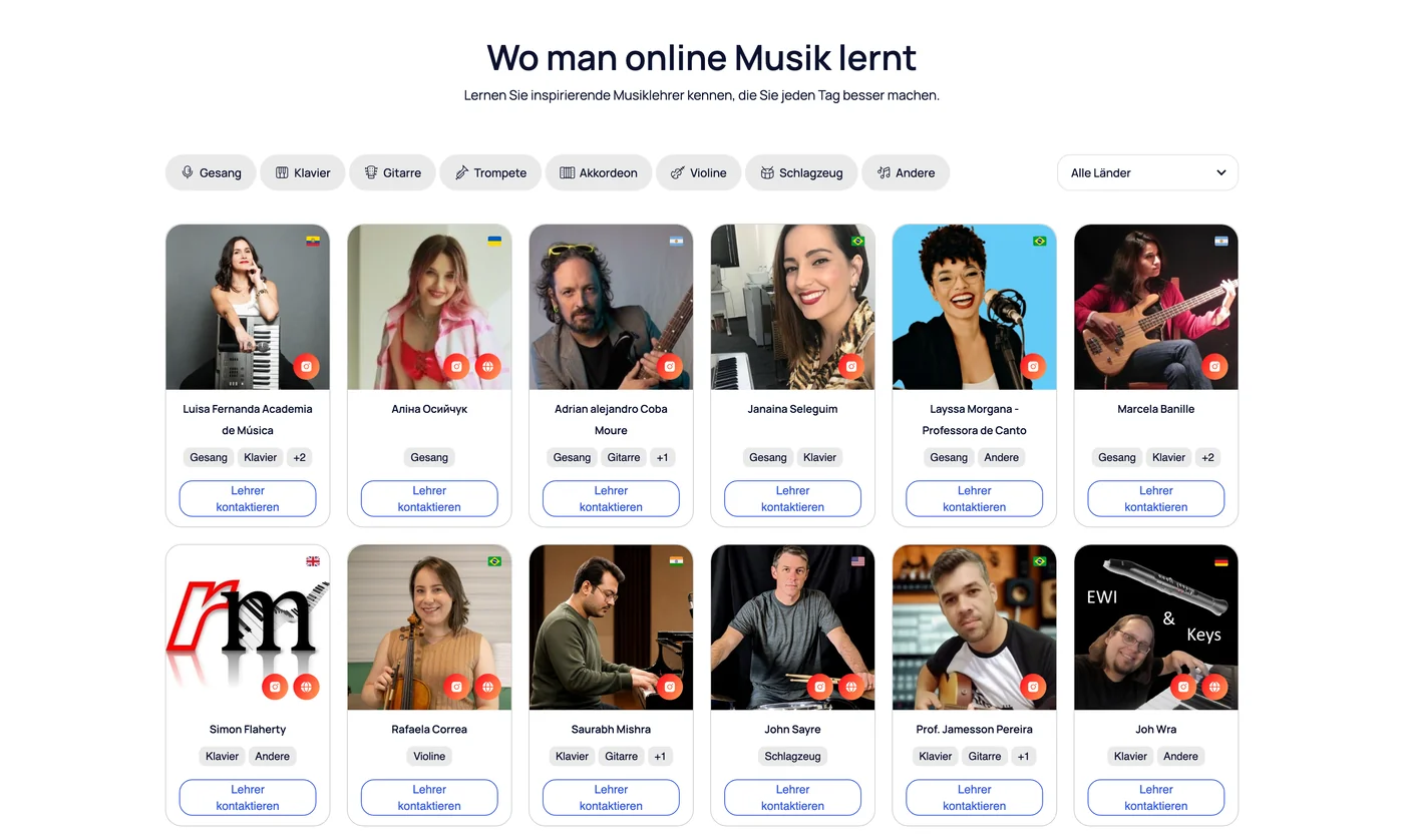 MOOZ Online-Musiklehrerverzeichnis — durchsuchen und kontaktieren Sie verifizierte Klavier-, Gitarren-, Gesangs- und andere Musiklehrer, filterbar nach Instrument