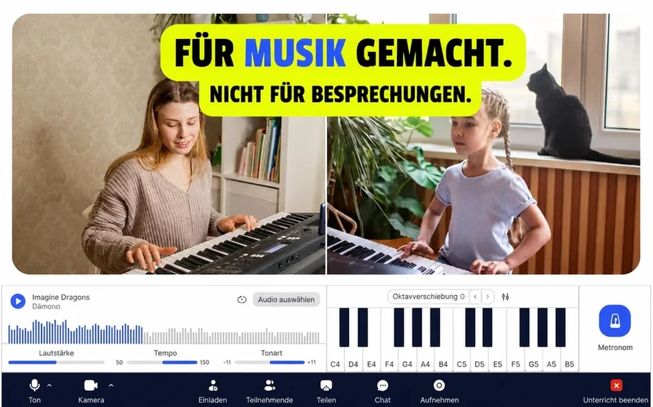 Online-Musikunterrichtsplattform für den Musikunterricht, die Erwachsenen und Kindern zeigt, wie sie während Live-Online-Kursen Keyboard spielen