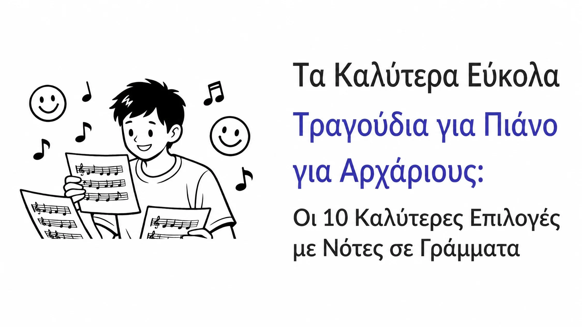 Ασπρόμαυρο καρτούν ενός χαμογελαστού αγοριού που κρατάει παρτιτούρα πιάνου, περιτριγυρισμένο από αιωρούμενες μουσικές νότες και χαμογελαστά πρόσωπα, δίπλα στον τίτλο: «Τα καλύτερα εύκολα τραγούδια πιάνου για αρχάριους: Top 10 επιλογές με νότες γραμμάτων»