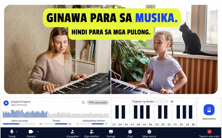 Online music lesson platform na binuo para sa pagtuturo ng musika, na nagpapakita ng mga adult at batang mag-aaral na nagtutugtog ng keyboard sa panahon ng live online classes