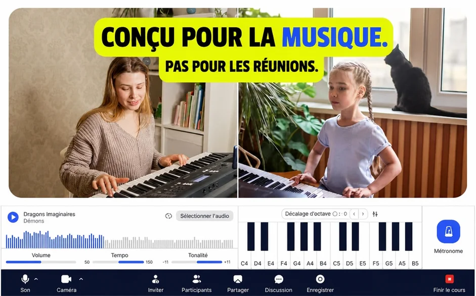 Plateforme de cours de musique en ligne conçue pour l'enseignement de la musique, montrant des étudiants adultes et enfants jouant du clavier pendant des cours en ligne en direct