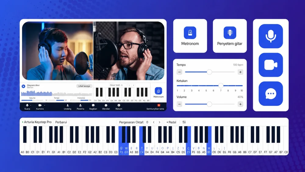 siswa piano pemula menggunakan platform MOOZ untuk latihan online yang mudah