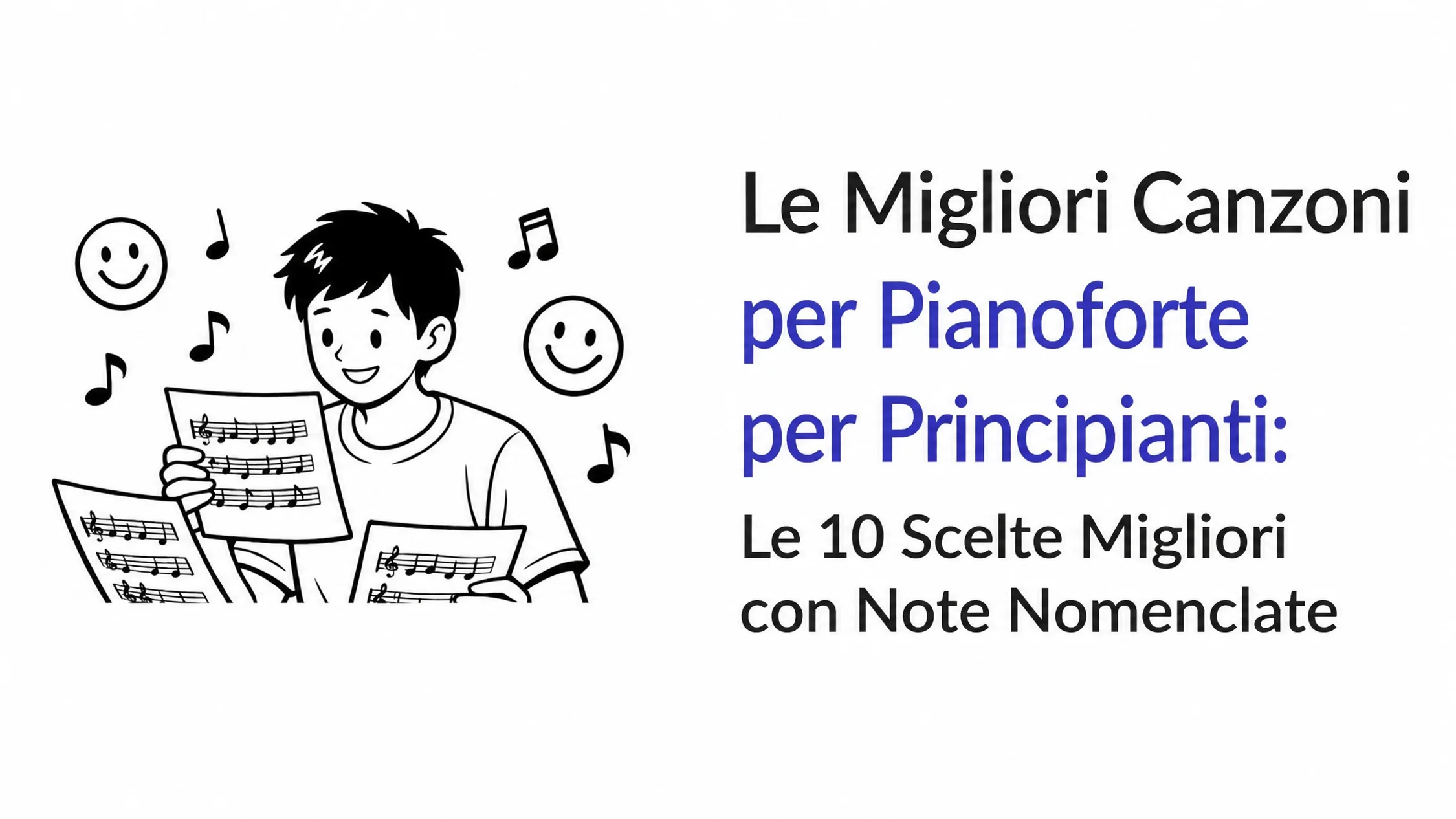 Cartone animato in bianco e nero di un ragazzo sorridente che tiene spartiti di pianoforte, circondato da note musicali fluttuanti e faccine sorridenti, accanto al titolo: "Le migliori canzoni per pianoforte facili per principianti: Top 10 scelte con note di lettera”