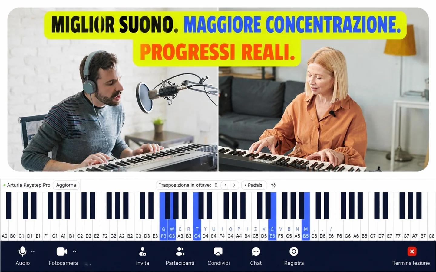 principiante che pratica canzoni popolari al pianoforte alla tastiera