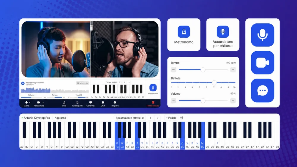 studente di pianoforte principiante che utilizza la piattaforma MOOZ per una facile pratica online