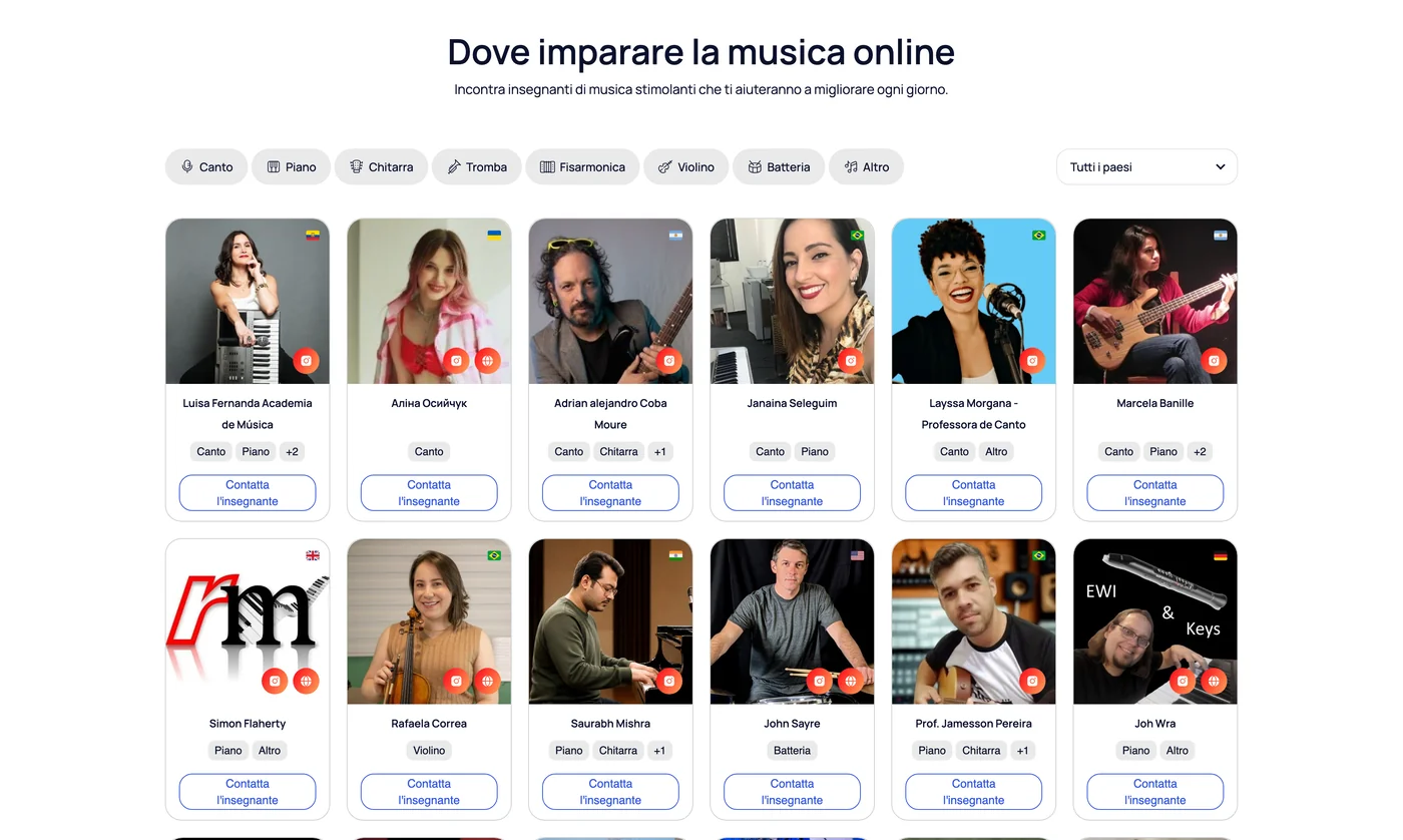 Elenco degli insegnanti di musica online MOOZ — sfoglia e contatta insegnanti di pianoforte, chitarra, canto e altri verificati, filtrabili per strumento