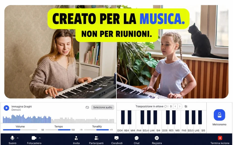 Piattaforma di lezioni di musica online costruita per l'insegnamento della musica, che mostra studenti adulti e bambini che giocano a tastiera durante le lezioni online dal vivo