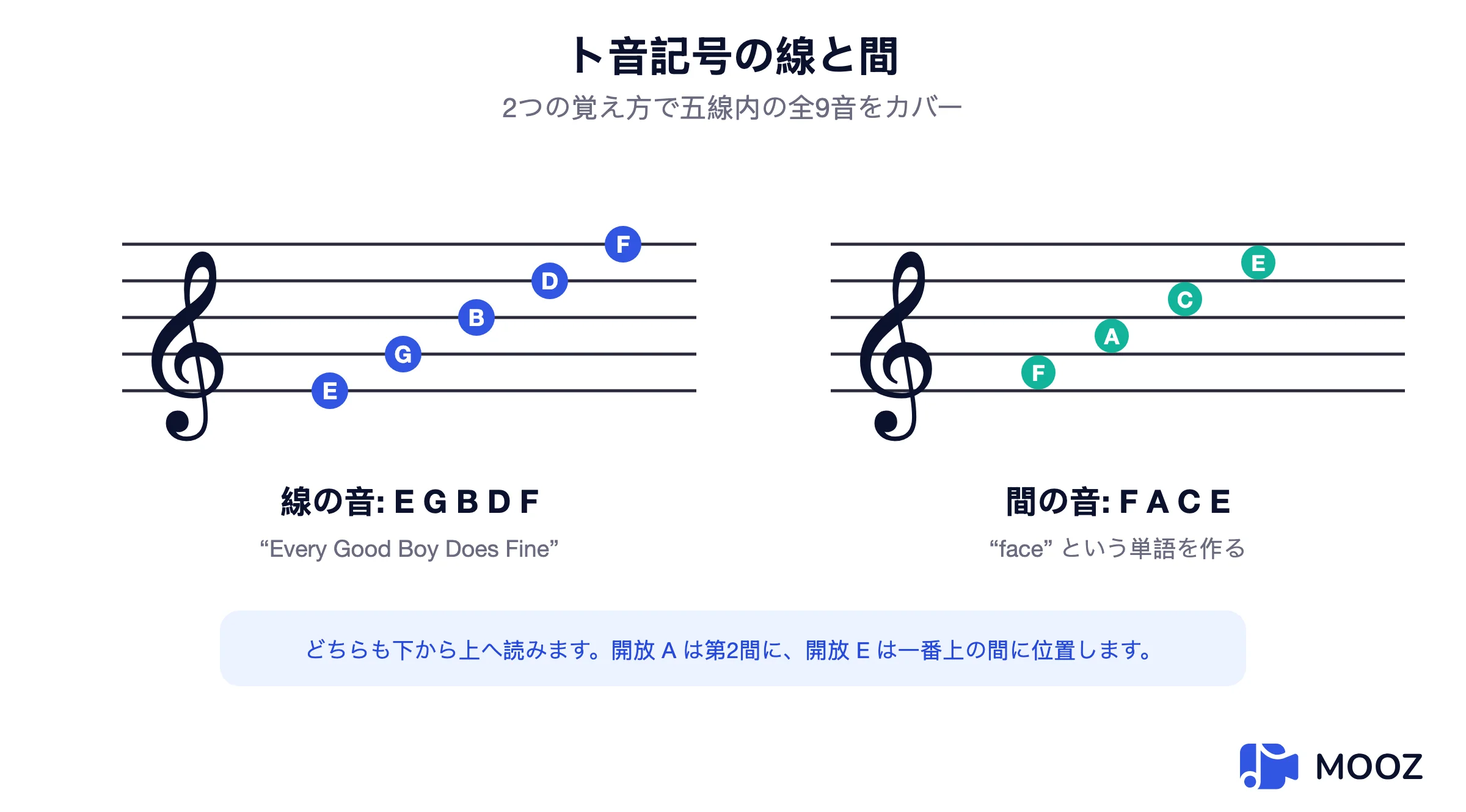 線上の音符E G B D Fと間の音符F A C Eを示すト音記号の図