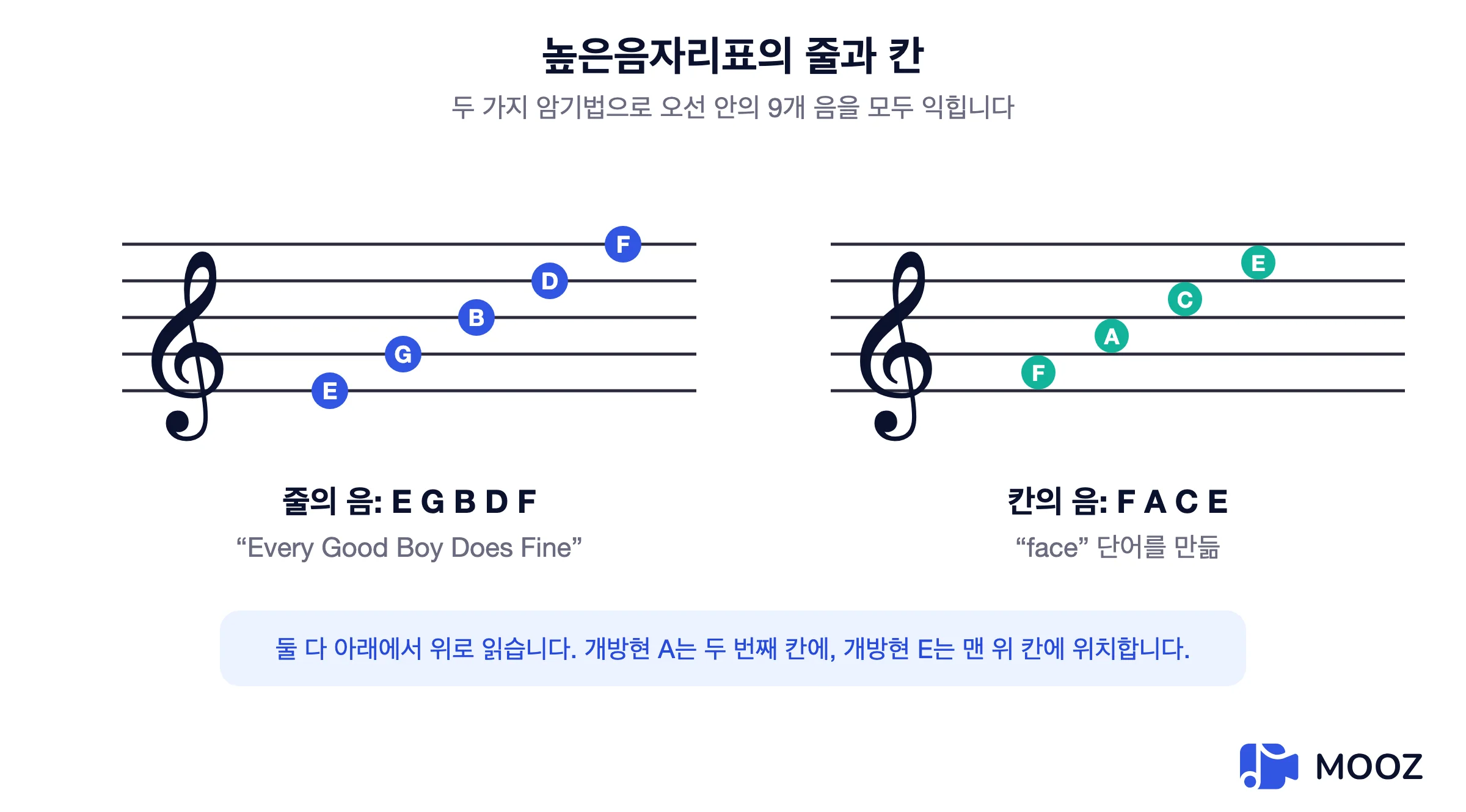 선의 음표 E G B D F와 칸의 음표 F A C E를 보여주는 높은음자리표 다이어그램