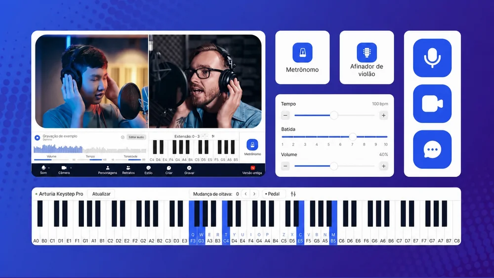 estudante iniciante de piano usando a plataforma MOOZ para facilitar a prática on-line