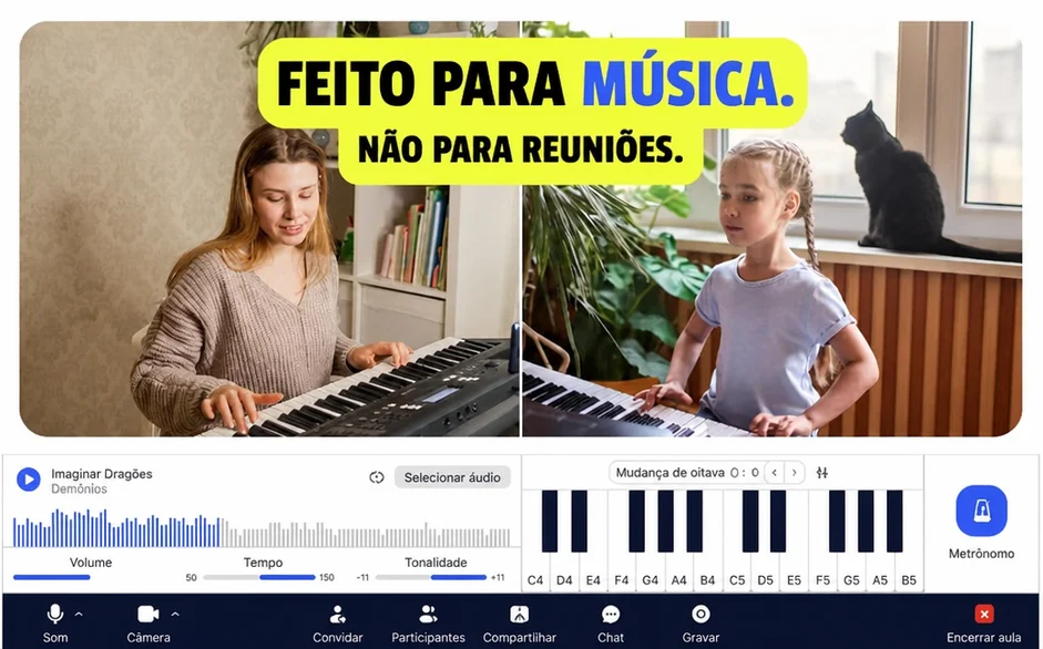 Plataforma de aulas de música online criada para o ensino de música, mostrando Alunos adultos e crianças a tocar teclado durante as aulas em linha ao vivo