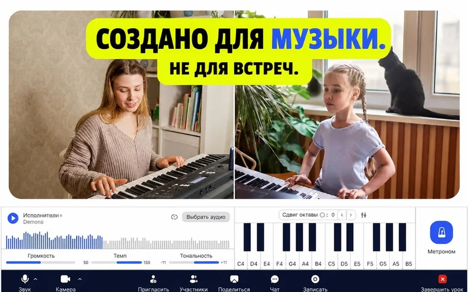 Платформа для онлайн-уроков музыки, созданная для обучения музыке, показывает, как взрослые и дети играют на клавишных инструментах во время онлайн-занятий в режиме реального времени