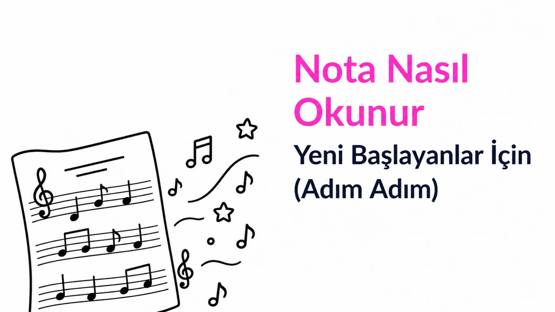 Piyano notası nasıl okunur: yeni başlayanlar için adım adım rehber — MOOZ blog kapağı, el çizimi bir nota kağıdıyla