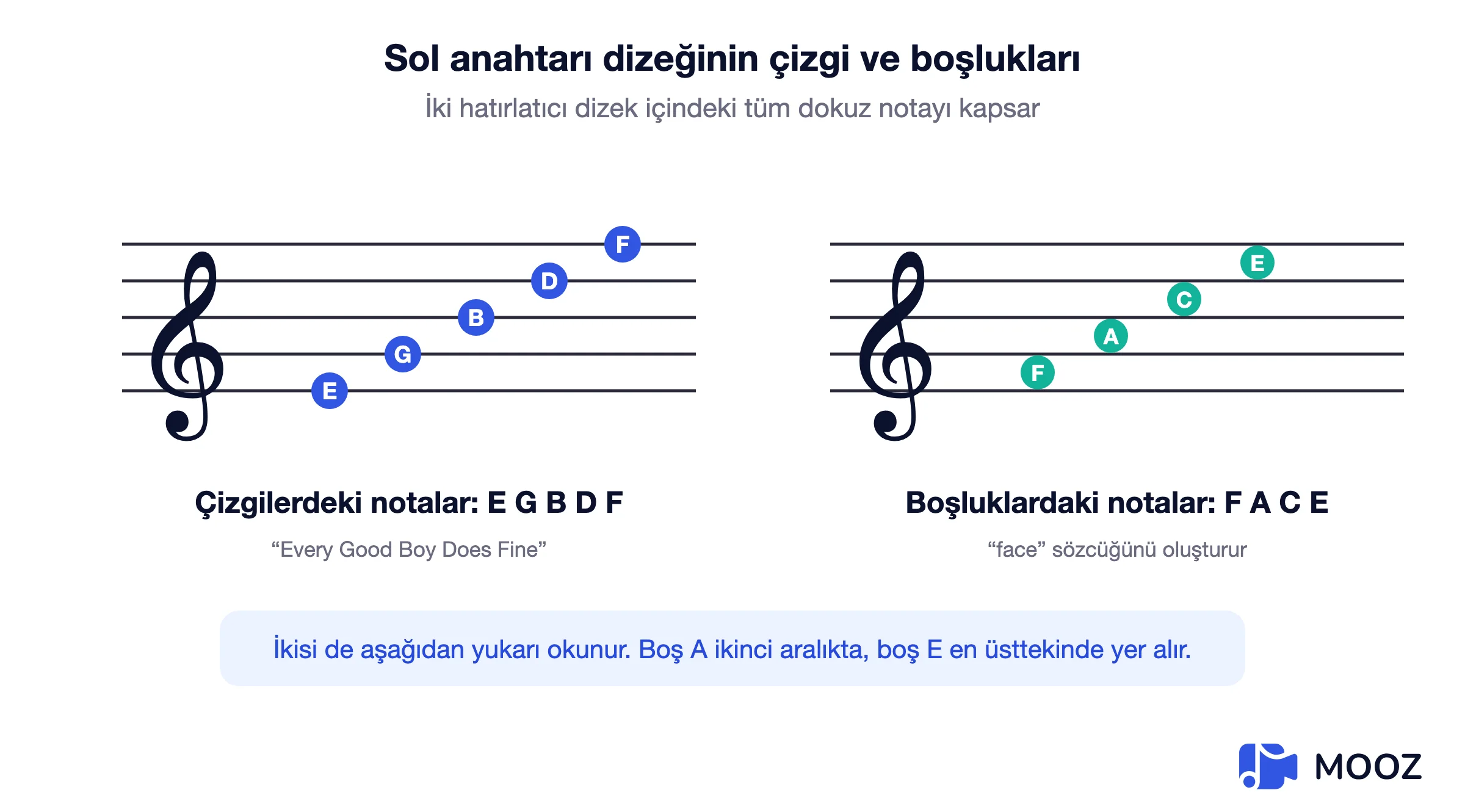 Çizgilerde E G B D F ve boşluklarda F A C E notalarını gösteren tiz anahtar diyagramı