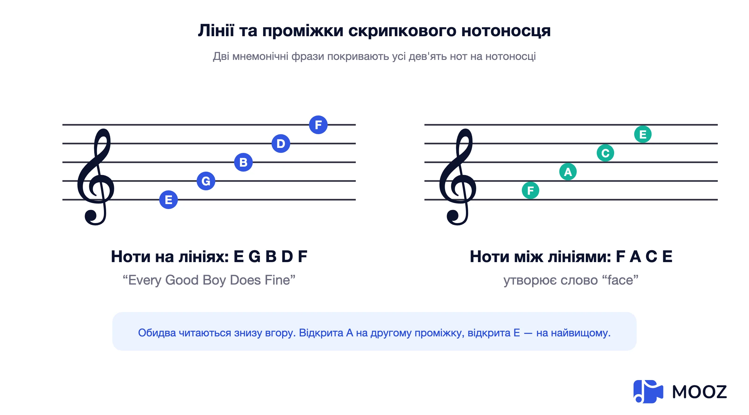 Діаграма скрипкового ключа, що показує ноти на лініях мі, соль, сі, ре, фа та ноти в проміжках фа, ля, до, мі