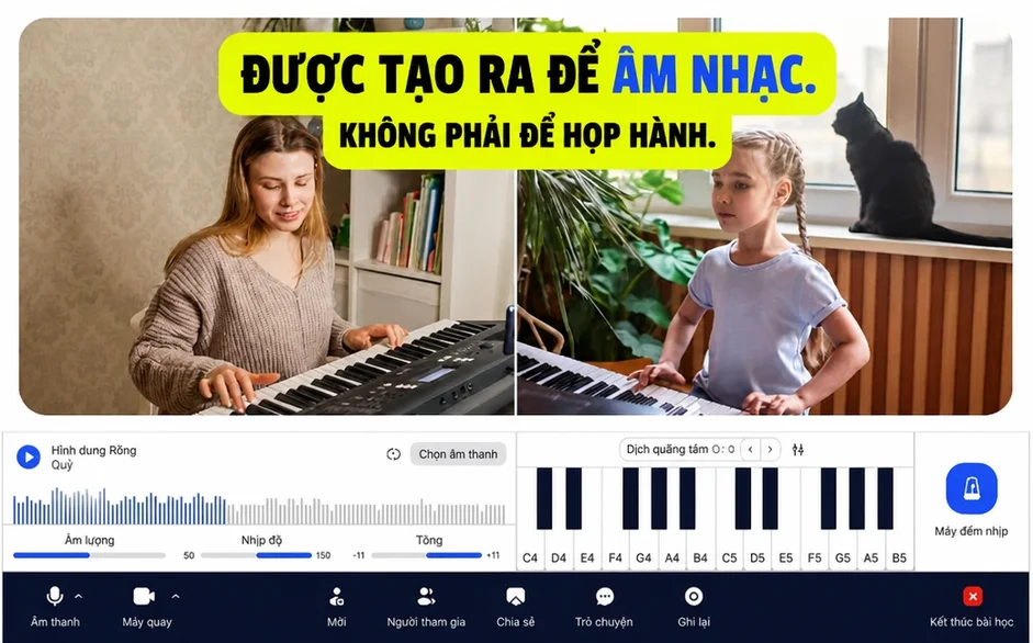 Nền tảng bài học âm nhạc trực tuyến được xây dựng để giảng dạy âm nhạc, cho thấy học sinh trưởng thành và trẻ em chơi bàn phím trong các lớp học trực tuyến trực tiếp