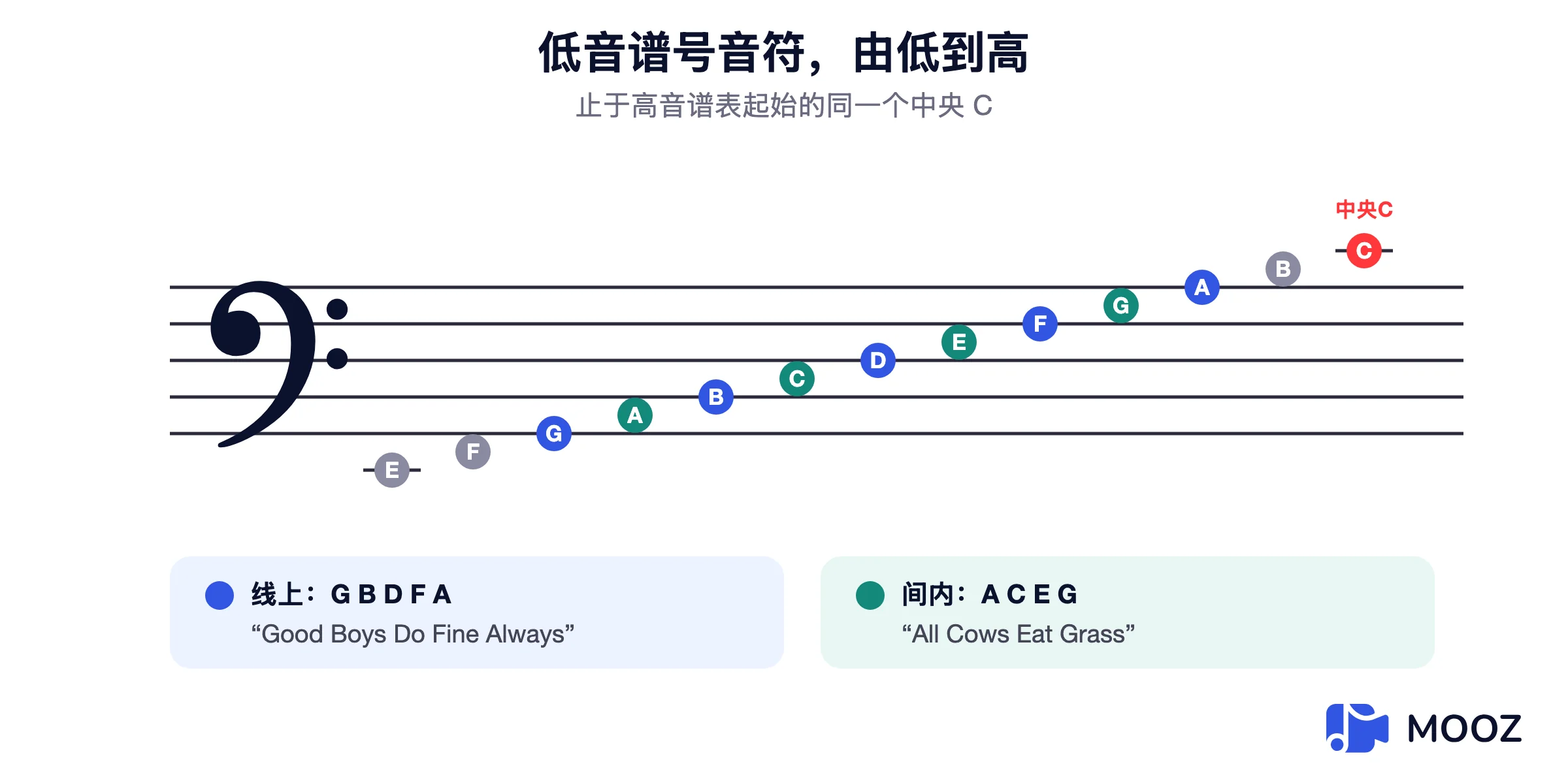 低音谱表，从谱表下方的E到上方加线上的中央C，每个音符都已命名，线上G B D F A，间上A C E G