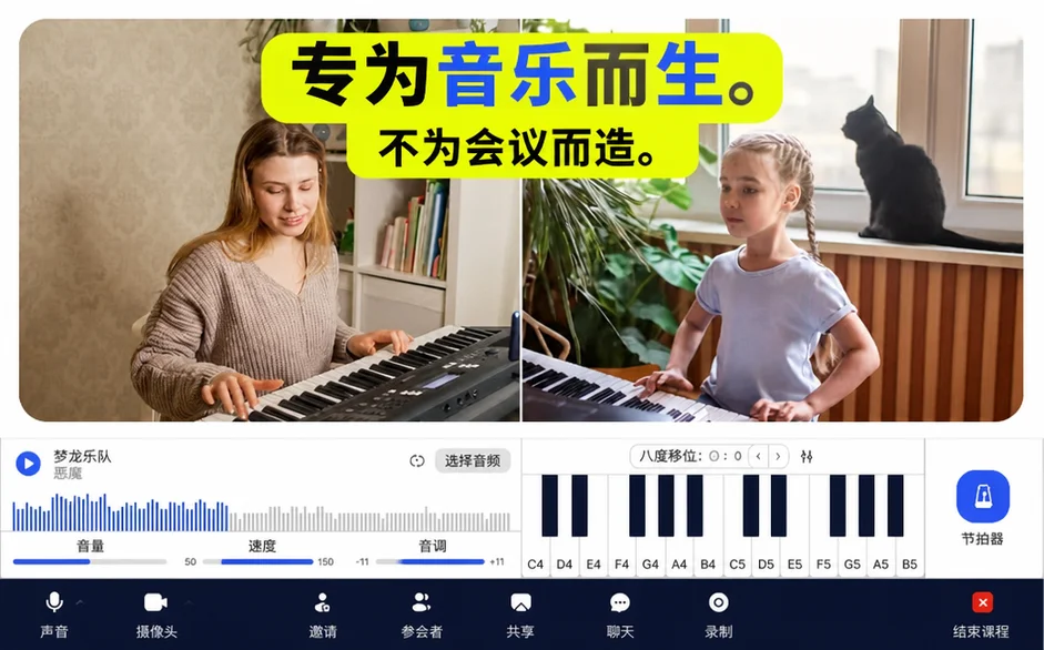 专为音乐教学设计的在线音乐课平台，显示成人和儿童学生在实时在线课程中弹奏键盘